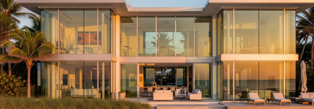 Impact windows installed on a modern Florida home protecting against hurricane winds
